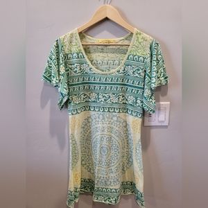 Free People Green Boho Print T-Shirt/Tunic